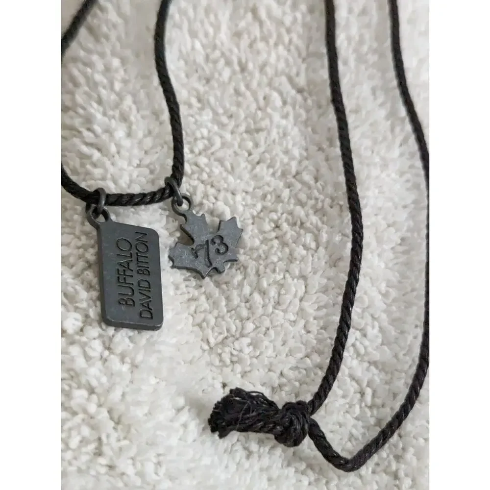 Buffalo David Bitton Y2K Grunge Cord Necklace Dog Tag Maple Leaf Charm Mens VtG